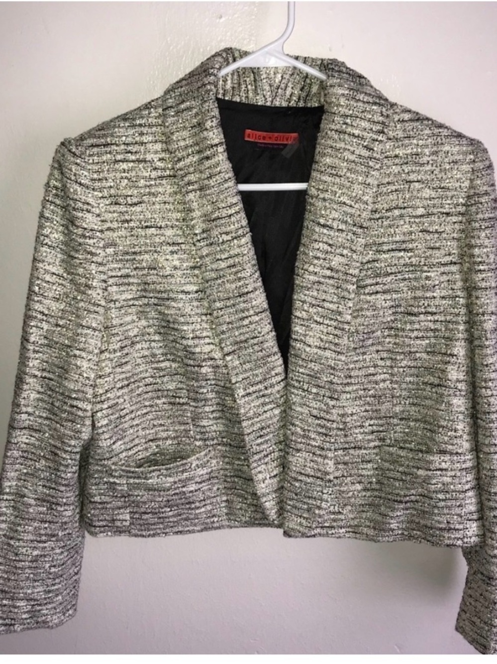 Alice + Olivia Textured Cropped Bouclé Blazer in Gray and Cream
